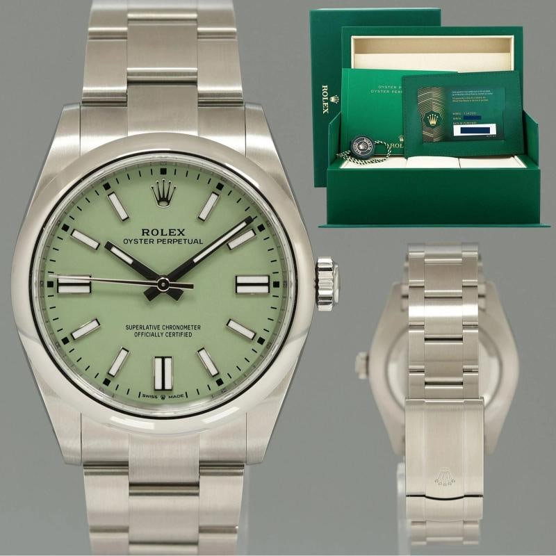 2026 NEW PAPERS 134300 Steel Rolex Oyster Perpetual 41mm Pistachio Watch Box: Condition: Pre-owned - Excellent,Brand: Rolex,Department: Men,Type: Wristwatch,Country of Origin: Switzerland Brand Rolex (Guaranteed Authentic) Model Oyster Perpetual Reference Number 134300 Serial N