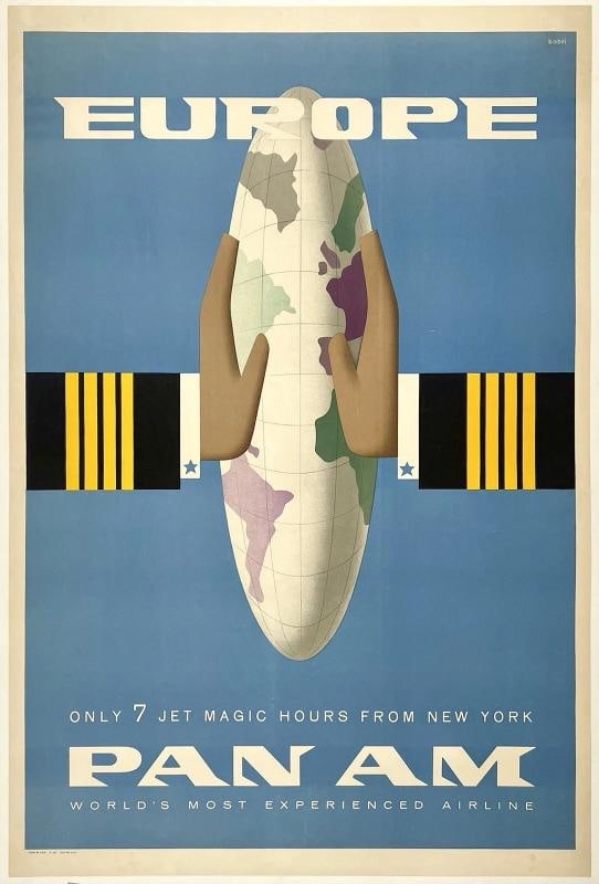 Original Vintage Poster EUROPE PAN AM New York Airline Travel Tourism LINEN (1 of 5)