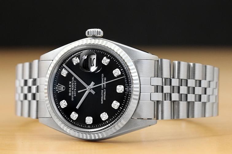 MENS ROLEX DATEJUST 1601 18K WHITE GOLD STAINLESS STEEL BLACK DIAMOND DIAL WATCH - 2