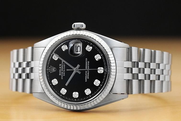MENS ROLEX DATEJUST 1601 18K WHITE GOLD STAINLESS STEEL BLACK DIAMOND DIAL WATCH - 3