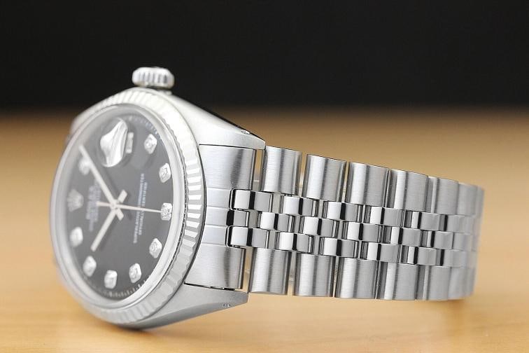 MENS ROLEX DATEJUST 1601 18K WHITE GOLD STAINLESS STEEL BLACK DIAMOND DIAL WATCH - 4