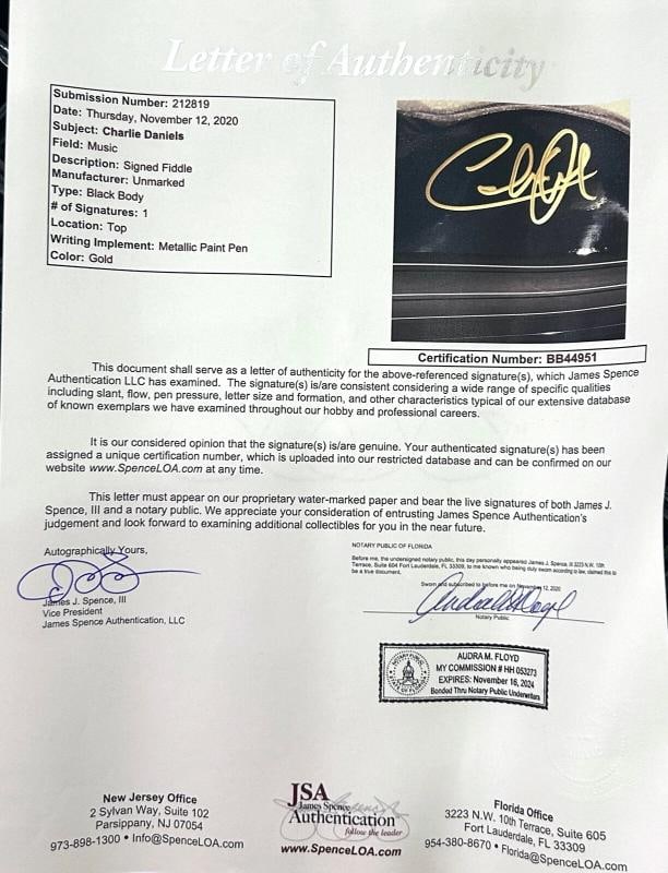 CHARLIE DANIELS Signed Autographed Black Fiddle Country Music JSA LOA - 4