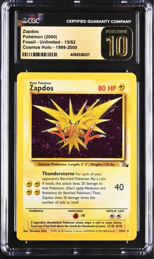 CGC Pristine 10 Zapdos Fossil 1999-2000 Cosmos Holo Rare Pokemon 15/62 Pop 2: Condition: Graded - CGC 10: Professionally graded ,Card Size: Standard,Autographed: No,Set: Fossil,Character: Zapdos,Card Condition: Near Mint or Better,HP: 80,Grade: 10,Material: Card Stock,Vintage: