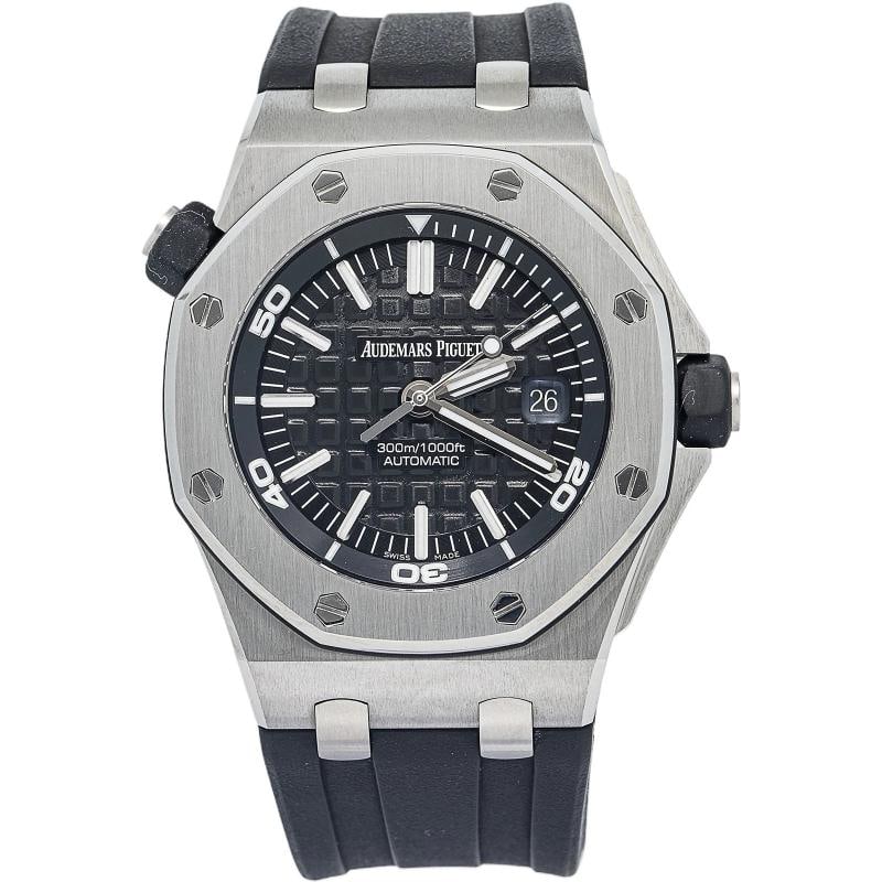 Audemars Piguet Royal Oak Offshore Diver 15703ST SS Black Dial Auto Men's 42mm: Condition: Pre-owned - Good: This item has been gently used but is in good condition. It might have a few signs of wear, like light scratches or tarnishing. ,CROWN: Screw Down,Bezel Color: Silver,COUN