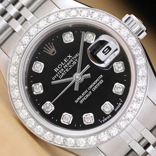 ROLEX LADIES DATEJUST 79174 NO HOLES BLACK DIAL 18K GOLD STEEL DIAMOND WATCH: Condition: Pre-owned - Good,Bezel Color: Silver,Max Wrist Size: 6.26-6.75 in,Number of Jewels: 31 Jewels,Indices: Diamond Markers, 12-Hour Dial,Band: Rolex Stainless Steel Jubilee Bracelet,Bezel: Cust