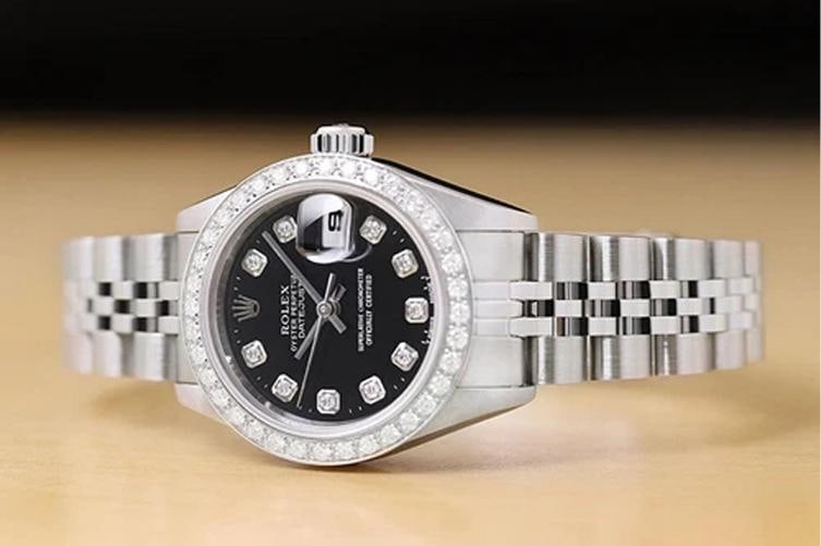 ROLEX LADIES DATEJUST 79174 NO HOLES BLACK DIAL 18K GOLD STEEL DIAMOND WATCH - 2