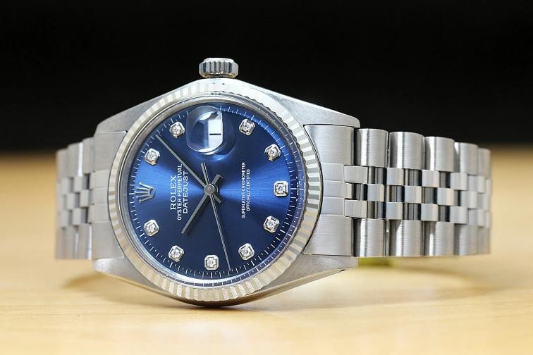 MENS ROLEX DATEJUST BLUE DIAMOND DIAL 18K WHITE GOLD STAINLESS STEEL WATCH - 2