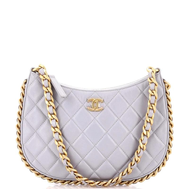Chanel CC Chain Around Hobo Quilted Lambskin: Condition: Pre-owned - Excellent,Brand: Chanel,Exterior Material: Leather,Style: Hobos,Exterior Color: Gray,Department: Women,Size: Unknown,Accessories: Dust Bag 