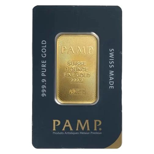 1 oz Gold Bar - PAMP Suisse w/ Assay Card .9999 Fine: Year: N/A,Shape: Bar,Precious Metal Content per Unit: 1 oz,Fineness: 0.9999,Denomination: N/A,Country of Origin: Switzerland,Composition: Gold,Circulated/Uncirculated: Circulated,Certification: Uncert
