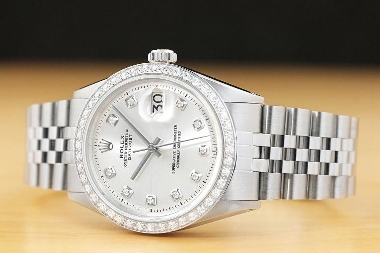 MENS ROLEX DATEJUST SILVER DIAL 18K WHITE GOLD DIAMOND BEZEL & STEEL WATCH - 2