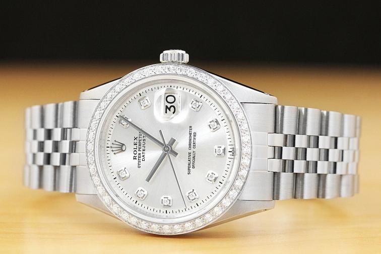 MENS ROLEX DATEJUST SILVER DIAL 18K WHITE GOLD DIAMOND BEZEL & STEEL WATCH - 3