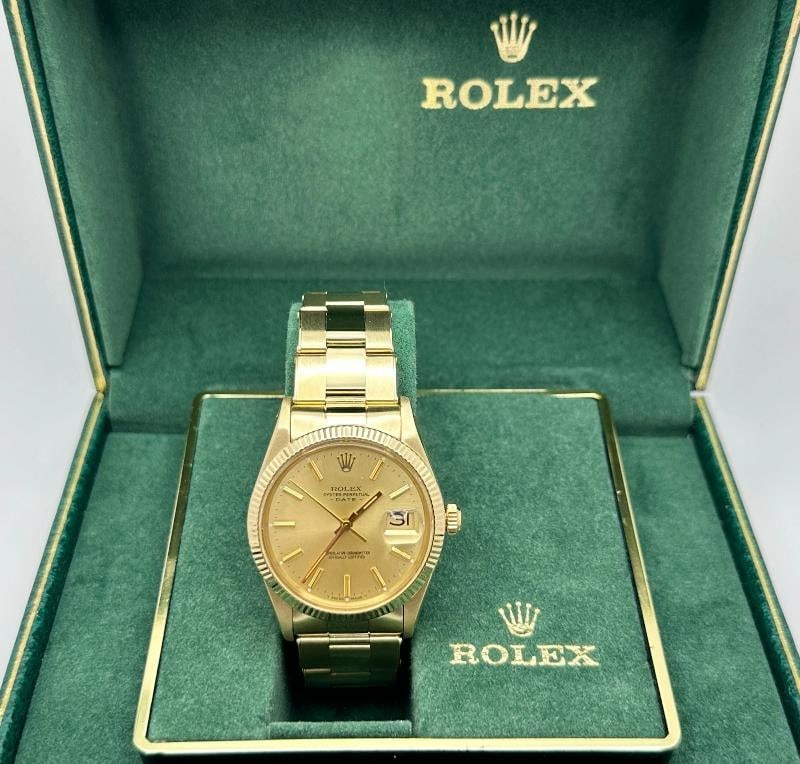 Rolex Date 15037 34mm Champagne Dial 14K Yellow Gold Box Papers - 3