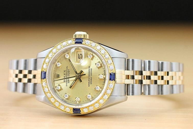 LADIES ROLEX DATEJUST 69173 CHAMPAGNE FACTORY DIAMOND 18K GOLD SAPPHIRE SS WATCH - 2