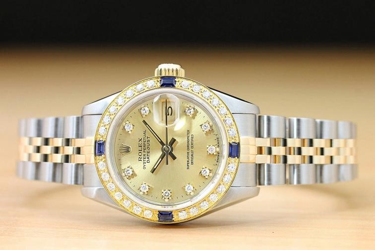 LADIES ROLEX DATEJUST 69173 CHAMPAGNE FACTORY DIAMOND 18K GOLD SAPPHIRE SS WATCH - 3