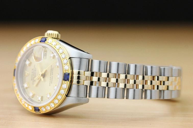 LADIES ROLEX DATEJUST 69173 CHAMPAGNE FACTORY DIAMOND 18K GOLD SAPPHIRE SS WATCH - 4