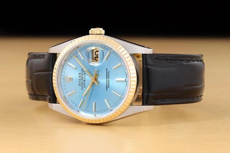 ROLEX MENS DATEJUST 16233 ICE BLUE 18K GOLD STEEL WATCH w BLACK LEATHER BAND - 2