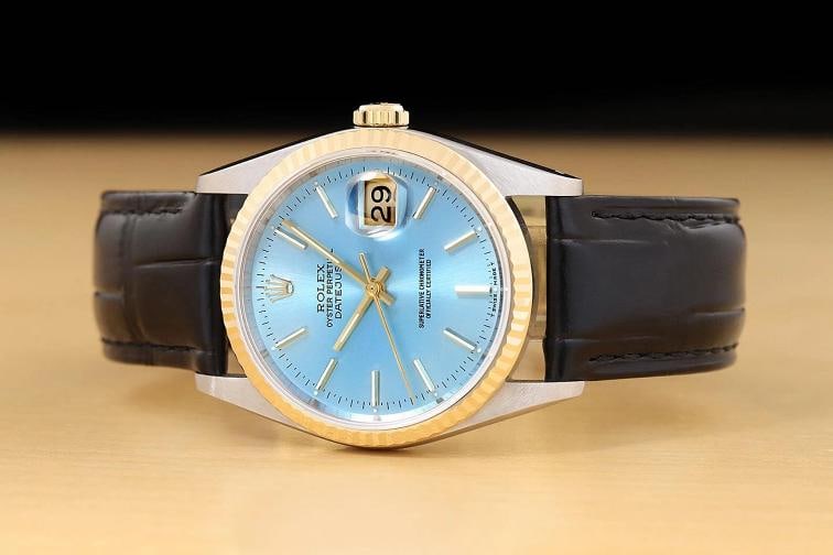 ROLEX MENS DATEJUST 16233 ICE BLUE 18K GOLD STEEL WATCH w BLACK LEATHER BAND - 3