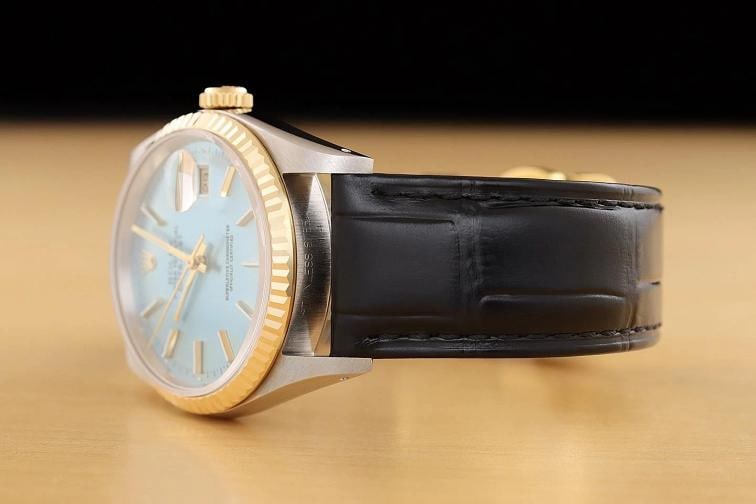 ROLEX MENS DATEJUST 16233 ICE BLUE 18K GOLD STEEL WATCH w BLACK LEATHER BAND - 4