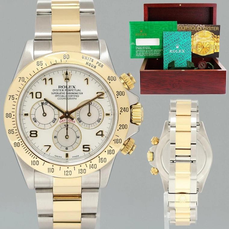 1999 MINT Rolex Daytona 16523 Zenith Two Tone Yellow Gold Mother of Pearl Watch: Brand Rolex Guaranteed Authentic Model Daytona Cosmograph Reference Number 16523 Serial Number A Gender Mens Metal TwoTone Yellow GoldStainless Steel Case Size 4000mm Wrist Size This watch will curren