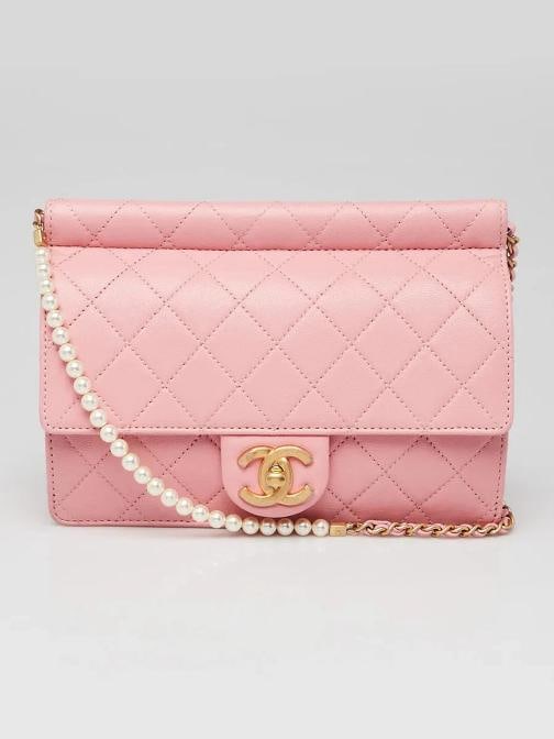 Chanel Pink Quilted Lambskin Leather Pearl Chain Flap Bag: Handle Drop 215 Measurements 825 L x 15 W x 625 H Condition Preowned GoodBrand ChanelExterior Material LeatherStyle Crossbody BagsEveryday BagsExterior Color PinkDepartment WomenCountry of Origin