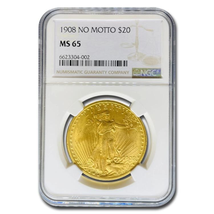1908 20 St Gaudens Gold Double Eagle No Motto MS65 NGC: Brand US MintMPN 15543Year 1908Fineness 0900Denomination 2000Country of Origin United StatesCirculatedUncirculated MS65Certification NGC 
