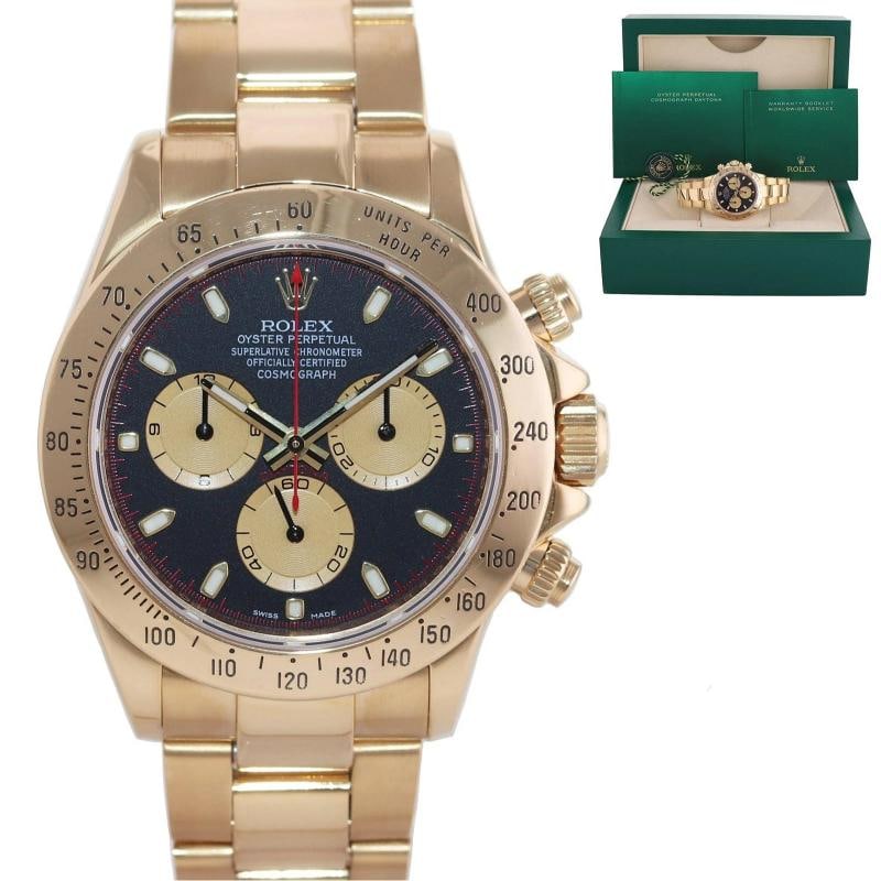 MINT Rolex Daytona 116528 Black Paul Newman Cosmograph Yellow Gold Watch Box: Brand Rolex Guaranteed Authentic Model Daytona Cosmograph Reference Number 116528 Serial Number Y Gender Mens Metal Yellow Gold Case Size 4000mm Wrist Size This watch will currently comfortably fit th