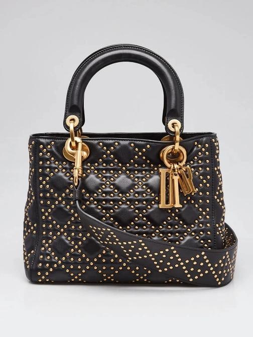 Christian Dior Black Suppled Leather Studded Medium Lady Dior Bag: Handle Drop 4 and 21 Measurements 95 L x 55 W x 8 H Condition Preowned GoodBrand Christian DiorExterior Material LeatherStyle Crossbody BagsEveryday BagsExterior Color BlackDepartment WomenCountry