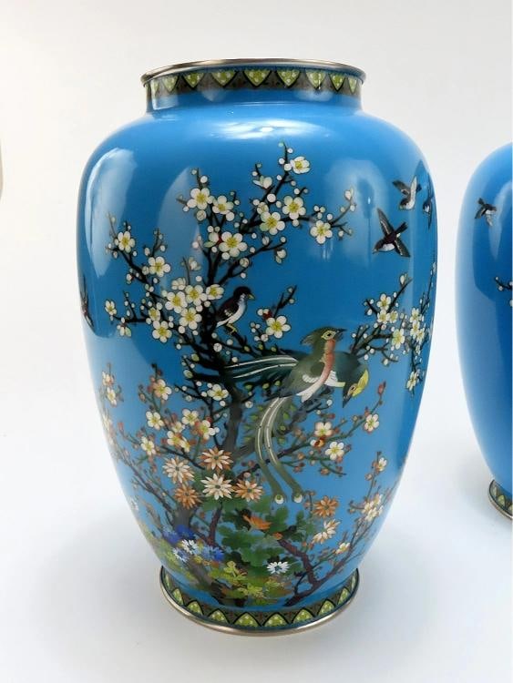 Lovely Pair Japanese Meiji Blue Cloisonne Phoenix Magpie Birds Prunus Tree Vases - 2