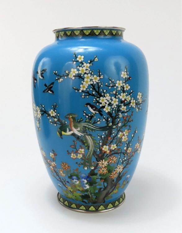 Lovely Pair Japanese Meiji Blue Cloisonne Phoenix Magpie Birds Prunus Tree Vases - 3