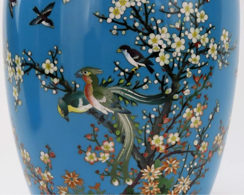Lovely Pair Japanese Meiji Blue Cloisonne Phoenix Magpie Birds Prunus Tree Vases - 4