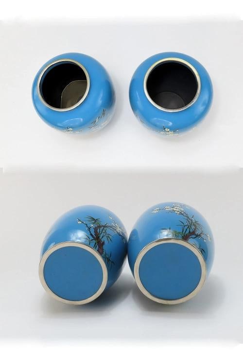 Lovely Pair Japanese Meiji Blue Cloisonne Phoenix Magpie Birds Prunus Tree Vases - 7
