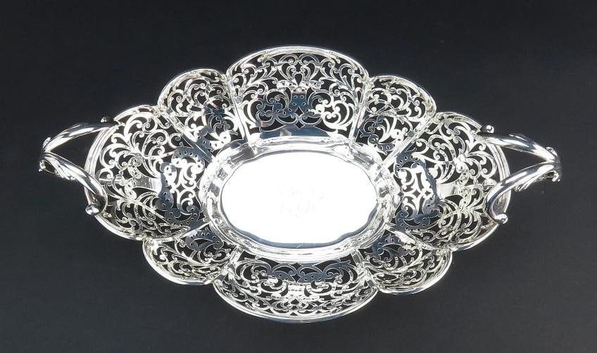 Fancy Large Pierced Handled Oval Bowl w Claw Feet Scroll Decorations 15 Long - 2