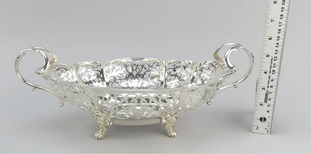 Fancy Large Pierced Handled Oval Bowl w Claw Feet Scroll Decorations 15 Long - 9