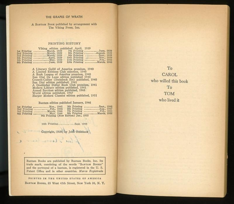 John Steinbeck Signed The Grapes of Wrath Book JSA LOA - 5