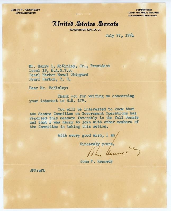 John F Kennedy JFK Signed Letter Dated 7271954 JSA LOA: Country of Origin United StatesIndustry PresidentialPresident John F KennedySigned YesAutograph Authentication James Spence JSAOriginalReproduction Original