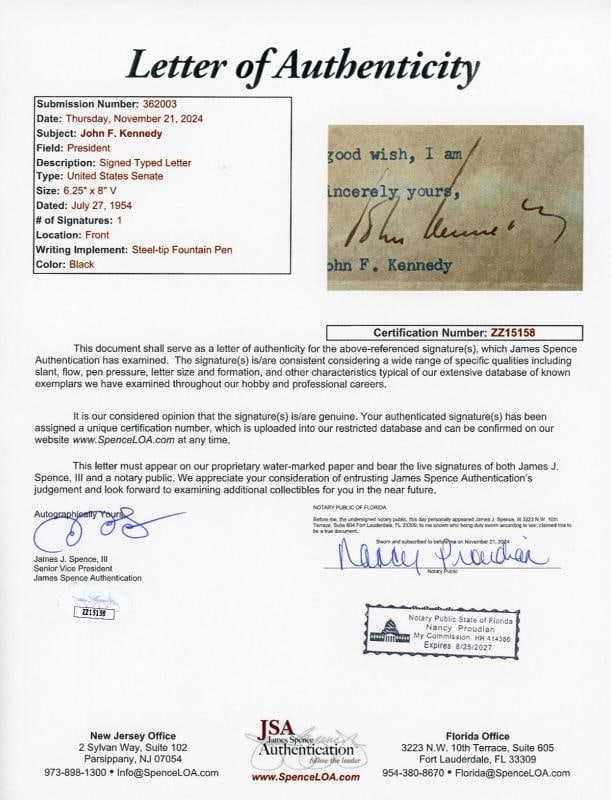 John F Kennedy JFK Signed Letter Dated 7271954 JSA LOA - 6