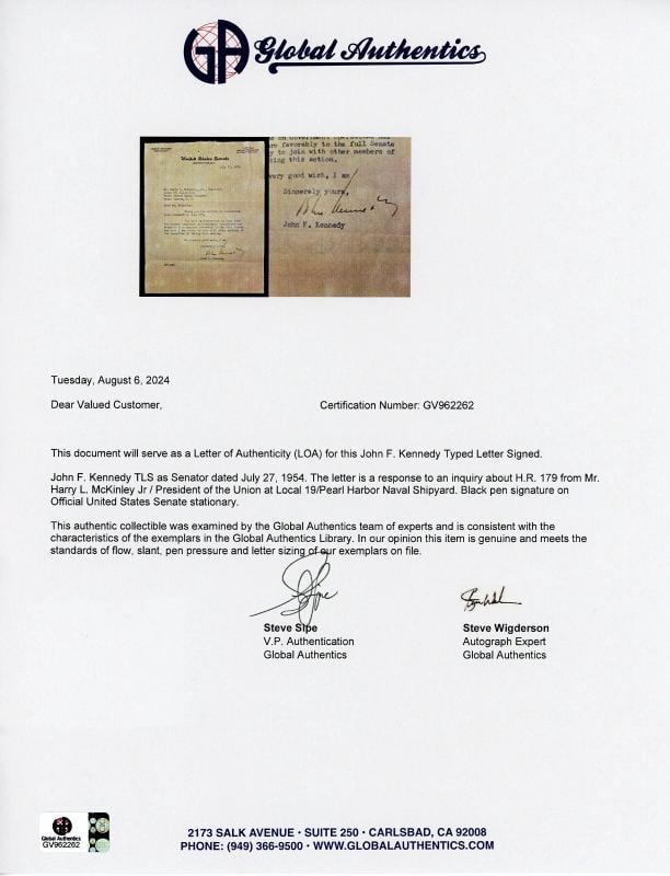 John F Kennedy JFK Signed Letter Dated 7271954 JSA LOA - 7