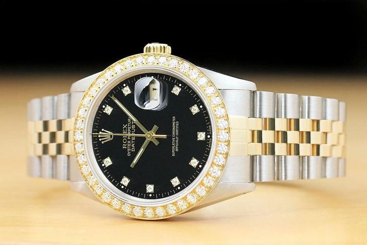 ROLEX MENS DATEJUST 16013 FACTORY DIAL 20 CT DIAMOND BEZEL 18K GOLD SS WATCH - 2