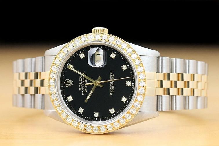 ROLEX MENS DATEJUST 16013 FACTORY DIAL 20 CT DIAMOND BEZEL 18K GOLD SS WATCH - 3