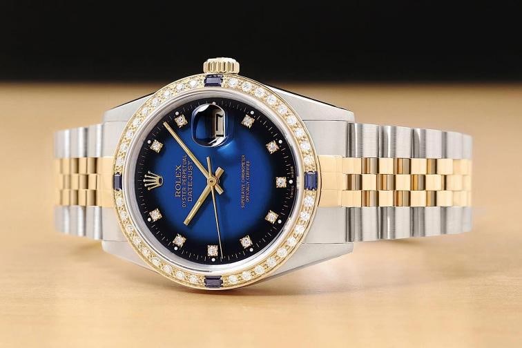 ROLEX DATEJUST 16233 BLUE VIGNETTE FACTORY DIAMOND SAPPHIRE 18K GOLD STEEL WATCH - 2