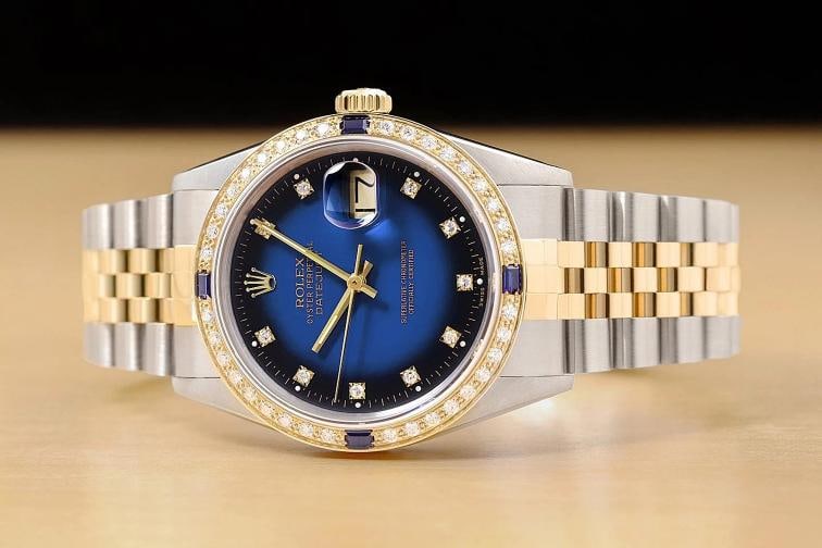 ROLEX DATEJUST 16233 BLUE VIGNETTE FACTORY DIAMOND SAPPHIRE 18K GOLD STEEL WATCH - 3