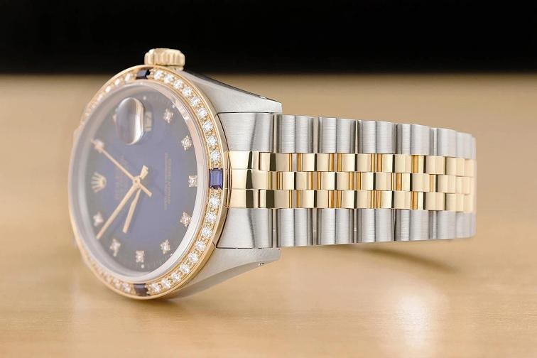ROLEX DATEJUST 16233 BLUE VIGNETTE FACTORY DIAMOND SAPPHIRE 18K GOLD STEEL WATCH - 4