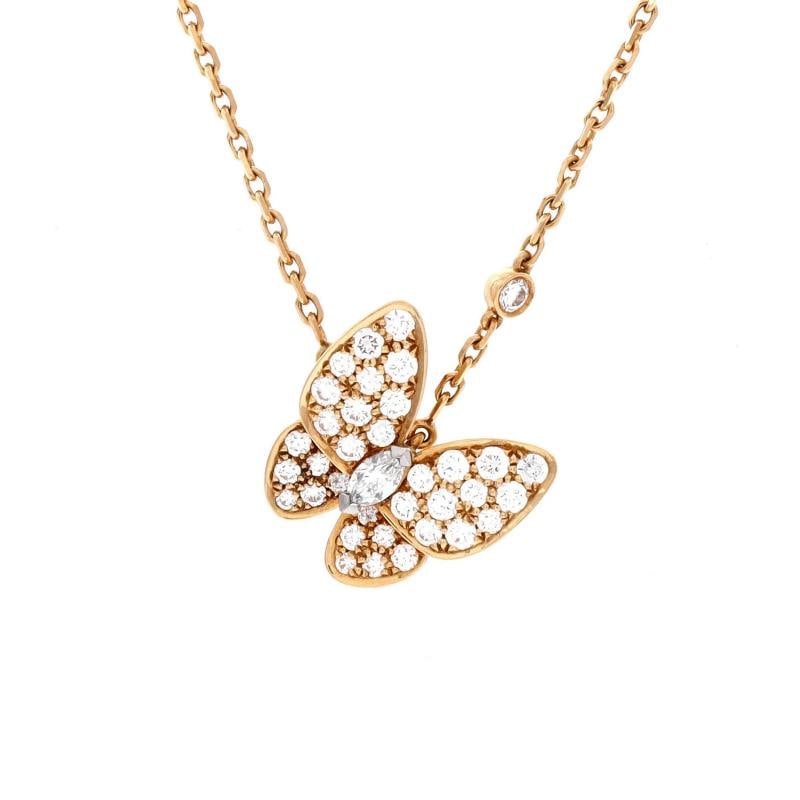 Van Cleef Arpels Two Butterfly Pendant Necklace 18K Yellow Gold with Diamonds: Measurements Length 145 1625 Pendant Length 1525 mm Pendant Width 1555 mm Condition Preowned GoodBrand Van Cleef ArpelsMain Stone UnknownMetal 18K Yellow GoldMetal Purity 18KStyle PendantType Necklace