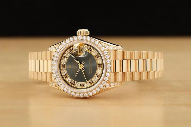 ROLEX LADIES PRESIDENT 69158 18K GOLD GRAY ARABIC FACTORY MYRIAD DIAMOND WATCH - 2