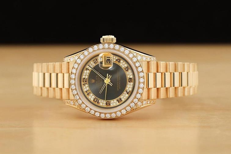 ROLEX LADIES PRESIDENT 69158 18K GOLD GRAY ARABIC FACTORY MYRIAD DIAMOND WATCH - 3