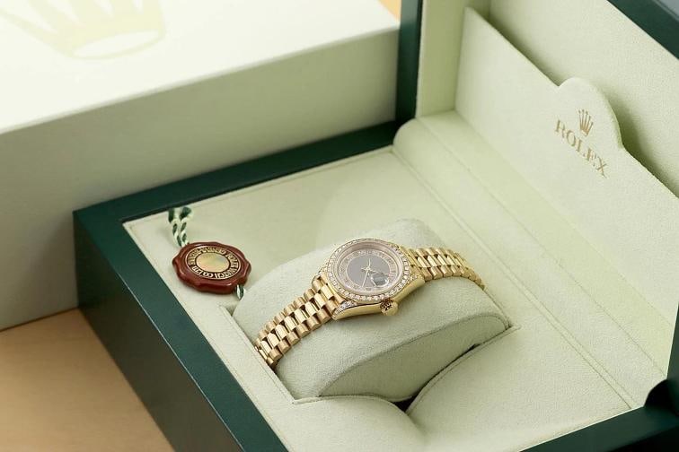 ROLEX LADIES PRESIDENT 69158 18K GOLD GRAY ARABIC FACTORY MYRIAD DIAMOND WATCH - 6