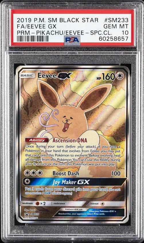 2019 POKEMON SM BLACK STAR PROMO SM233 FULL ARTEEVEE GX PSA 10: Condition Graded PSA 10 Professionally graded Graded YesSet 2019 POKEMON SM BLACK STAR PROMOGame Pokƒmon TCGCharacter FULL ARTEEVEE GXCard Name FULL ARTEEVEE GXGrade 10Professional Grader