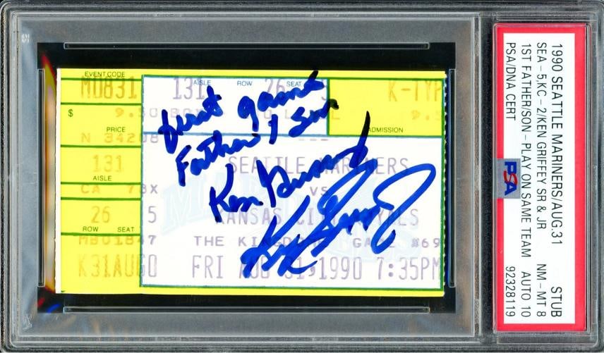 Ken Griffey Jr Sr Signed FatherSon Game Ticket PSA 8 Auto 10 PSADNA 92328119: Player Ken Griffey JrTeam Seattle MarinersSport BaseballMLBProduct TicketSigned YesAutograph Authentication Professional Sports Authenticator PSAOriginalReprint OriginalCountry of Origin United