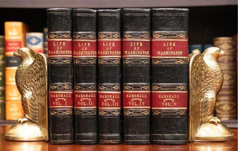 1804 Life of George Washington by John Marshall First Edition Fine Leather Rare: Bound in 34 leather over marbled boards Binding appears to be mid to late 1800s The spines feature ornate gilttooled compartments with vibrant red leather title and volume labels Some light cosmetic