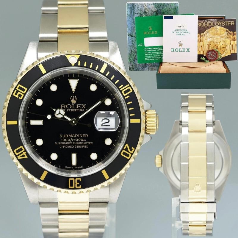 2000 PAPERS MINT GOLD BUCKLE Rolex Submariner 16613 Gold Two Tone Black Watch: Condition Preowned ExcellentBrand RolexDepartment MenType WristwatchCountry of Origin Switzerland Brand Rolex Guaranteed Authentic Model Submariner Reference Number 16613 Serial Number P Gender Mens M